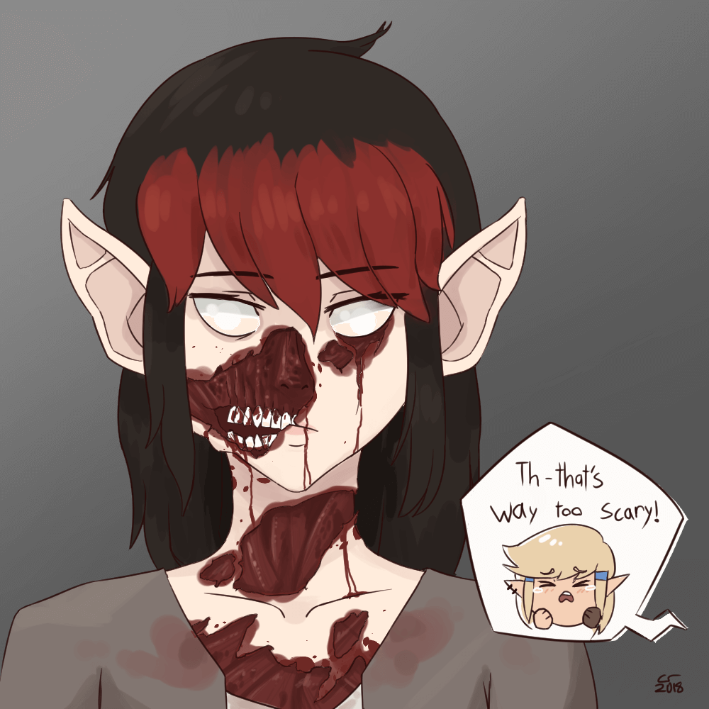 Illustration of Vae dressed as a corpse for halloween. Her makeup is intense and makes it look like her face is falling off. Caelle, offscreen, complains that the costume is too scary.